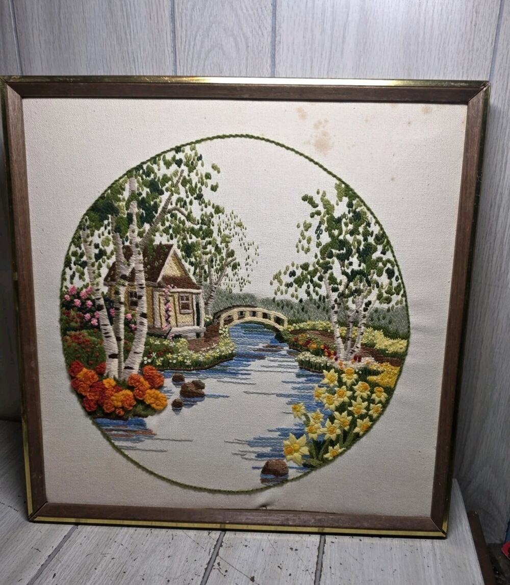 Vtg 1970s Finished Framed Crewel House By The Stream Floral Needlepoint Art Read